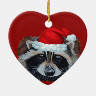 Trash Panda Raccoon Santa Hat Ceramic Ornament