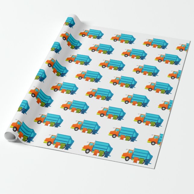 Trash Truck and Garbage Can Kids Wrapping Paper (Unrolled)