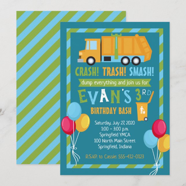 Trash Truck Birthday Invitation (Front/Back)