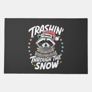 Trashing Through the Snow Funny Raccoon Christmas Doormat