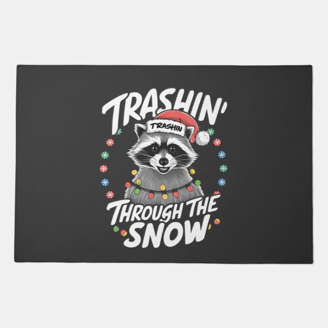 Trashing Through the Snow Funny Raccoon Christmas Doormat (Front)