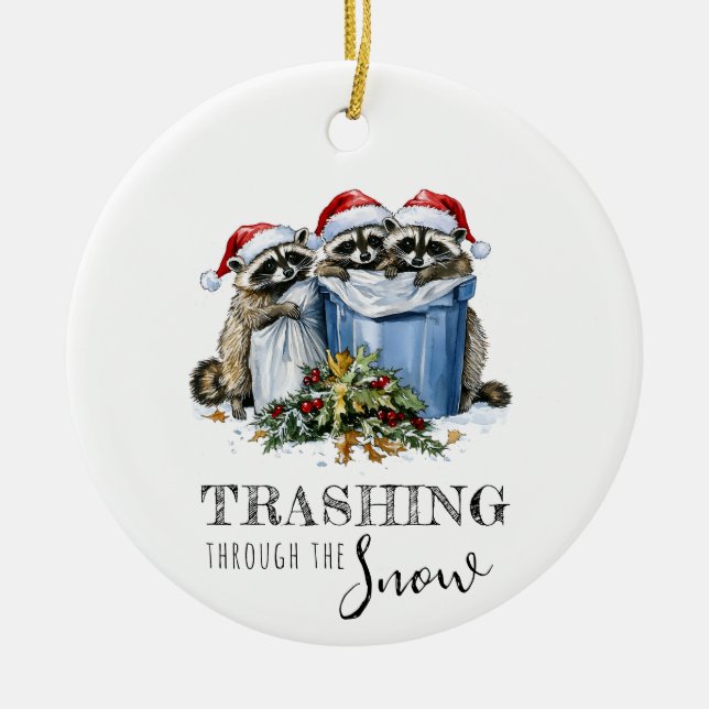 Trashing Through The Snow Raccoons Christmas Ceramic Ornament (Front)