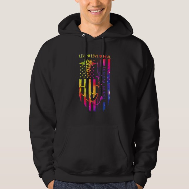 Trauma Nurse Heartbeat Tie Dye Flag American USA N Hoodie (Front)