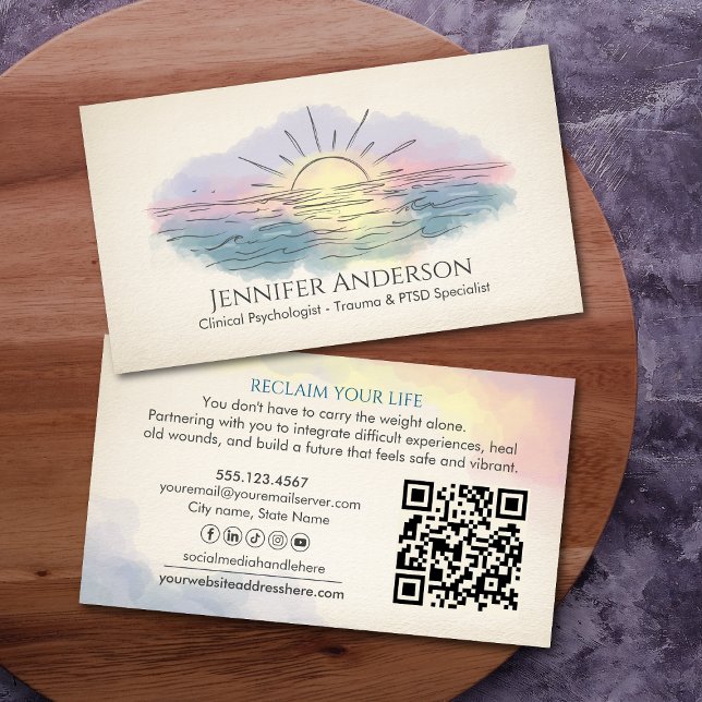 Trauma Recovery Sunrise Over Ocean Watercolor Business Card (Creator Uploaded)