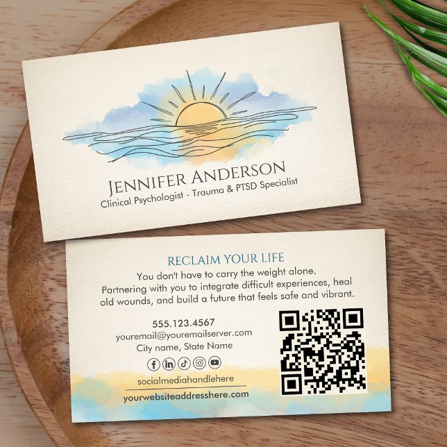 Trauma Recovery Sunrise Over Ocean Watercolor Business Card (Creator Uploaded)
