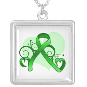 Traumatic Brain Injury Floral Heart Ribbon Silver Plated Necklace