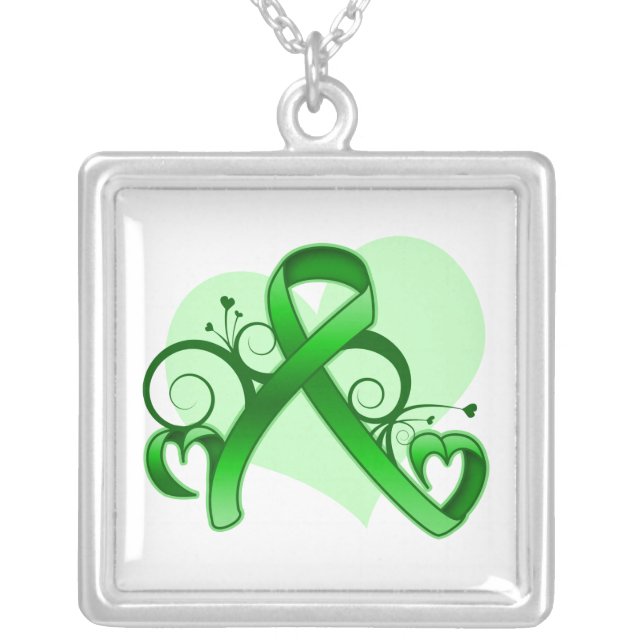 Traumatic Brain Injury Floral Heart Ribbon Silver Plated Necklace (Front)