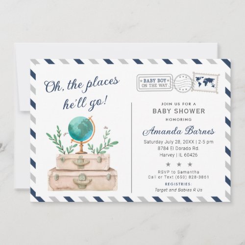 Travel Adventure Baby Boy Around the World Shower Invitation
