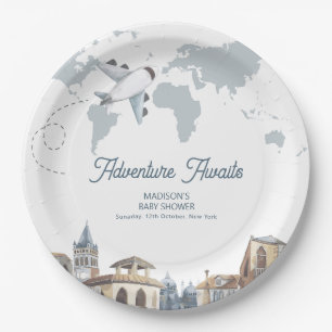 Travel Adventure World Map Airplane Baby Shower  Paper Plates