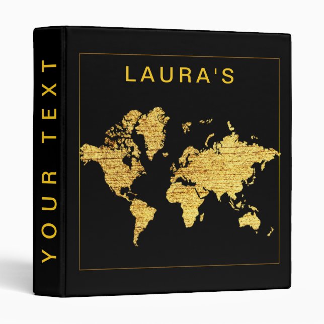 Travel Adventure World Map Gold Faux 3 Ring Binder (Front/Spine)