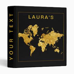 Travel Adventure World Map Gold Faux Black 3 Ring Binder