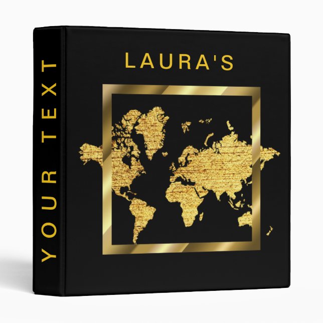Travel Adventure World Map Gold Faux Geometry 3 Ring Binder (Front/Spine)