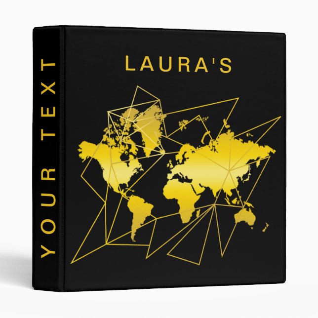 Travel Adventure World Map Gold Geometry Black 3 Ring Binder (Front/Spine)