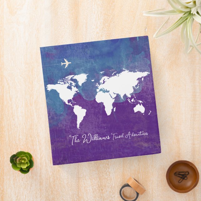 Travel Adventures World Map custom purple blue 3 Ring Binder (In Situ)