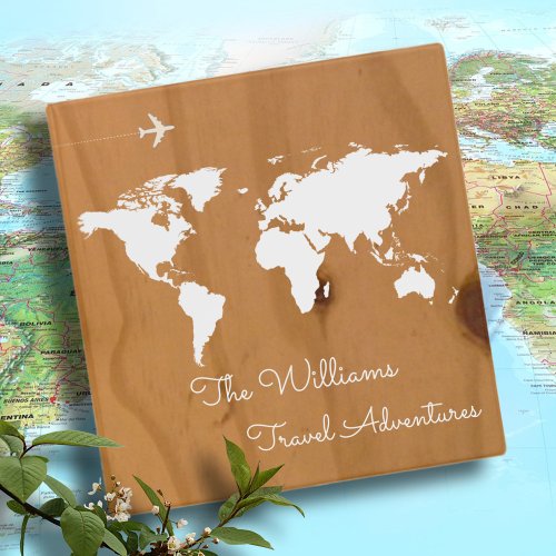 Travel adventures  world map on wood custom 3 ring binder