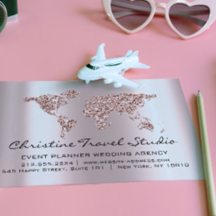 Travel Agency Earth Globe Rose Blush Glitter Business Card