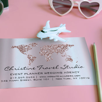 Travel Agency Earth Globe Rose Blush Glitter Business Card by luxury_luxury at Zazzle