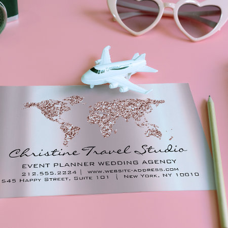 Travel Agency Earth Globe Rose Blush Glitter Business Card