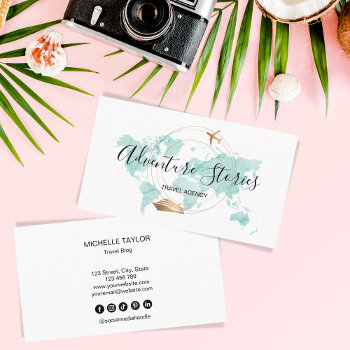 Travel Agency Travel Blog Blue World Map Cruise  Business Card by smmdsgn at Zazzle