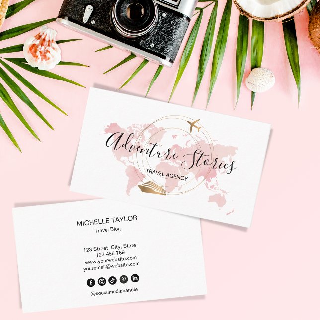 Travel Agency Travel Blog Pink World Map Cruise  Business Card (Creator Uploaded)