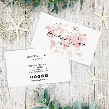 Travel Agency Travel Blog Pink World Map Logo Business Card by smmdsgn at Zazzle