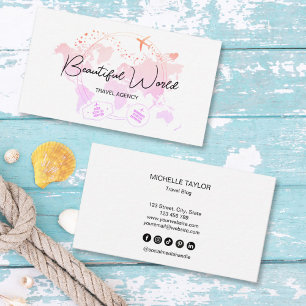 Travel Agency Travel Blog Pink World Map Logo Business Card