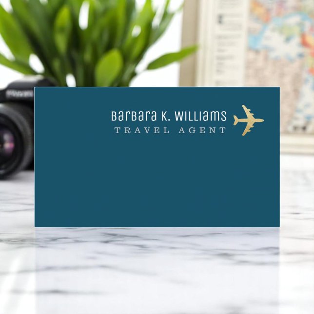 Travel Agent Airplane and World Map Blue Business Card (Creator Uploaded)