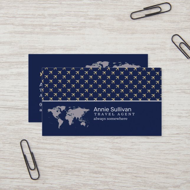Travel Agent Airplane World Map Modern Business Card (Front/Back In Situ)