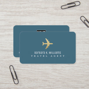 Travel Agent Blue Business Card faux gold airplane