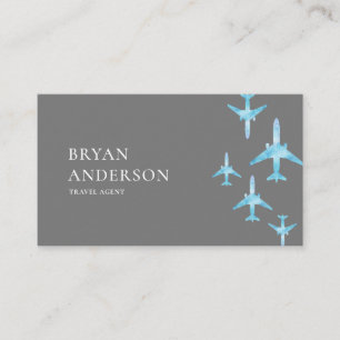 Travel Agent Blue Watercolor Airplanes Business Card