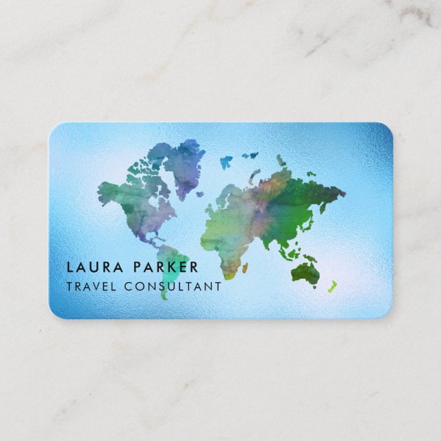 Travel Agent Blue World Map Tourism Booking Business Card (Front)