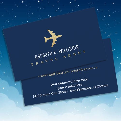 Travel Agent Business Card with faux gold airplane