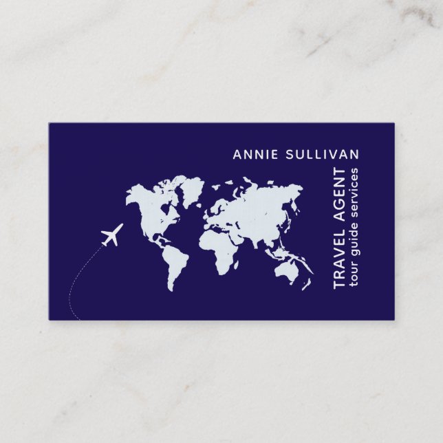 Travel Agent dark blue with world map Business Card (Front)