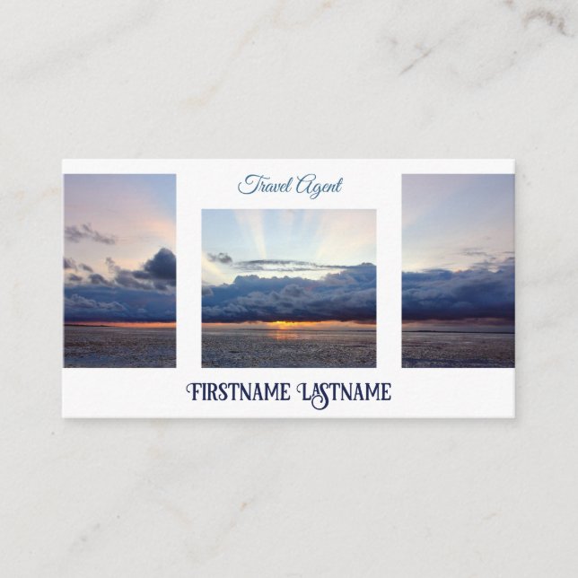 Travel agent dramatic sky ocean beach sunset business card (Front)