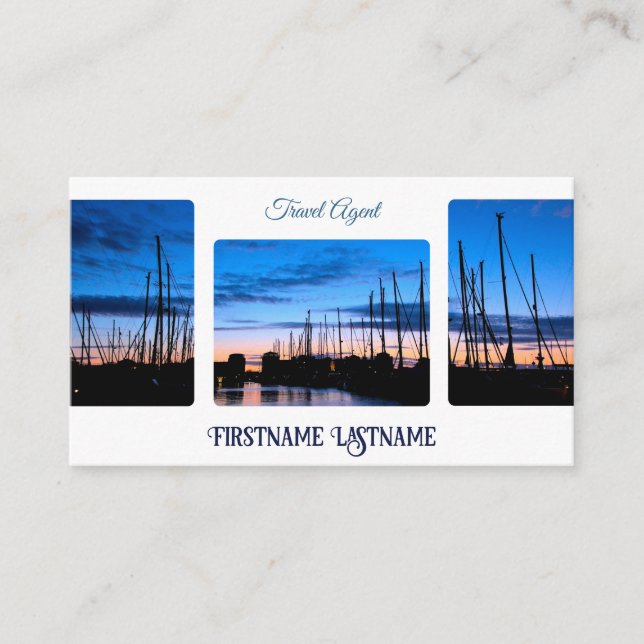 Travel agent dramatic sky ocean marina sunset business card (Front)