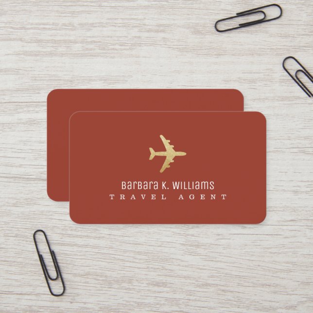 Travel Agent faux gold airplane terracotta Business Card (Front/Back In Situ)