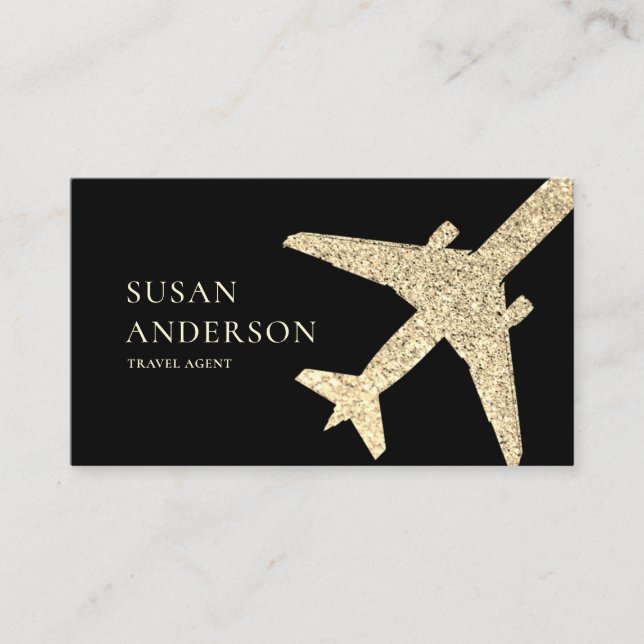 Travel Agent Faux Gold Glitter Airplane Business Card (Front)
