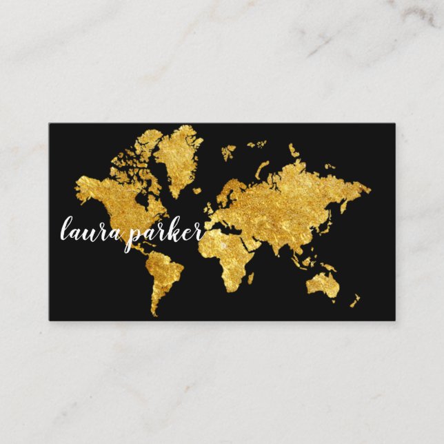 Travel Agent Faux Gold World Map Destination Business Card (Front)