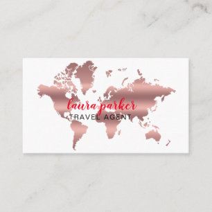 Travel Agent Faux Rose Gold World Map Destination Business Card