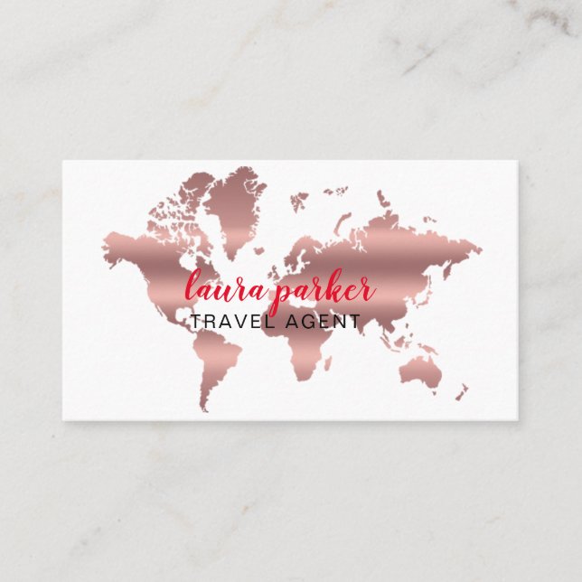 Travel Agent Faux Rose Gold World Map Destination Business Card (Front)