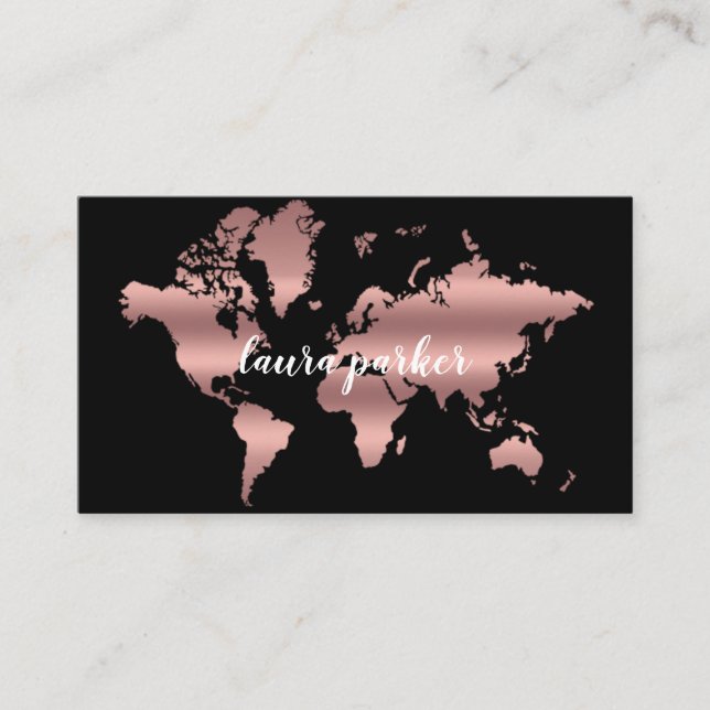 Travel Agent Faux Rose Gold World Map Destination Business Card (Front)