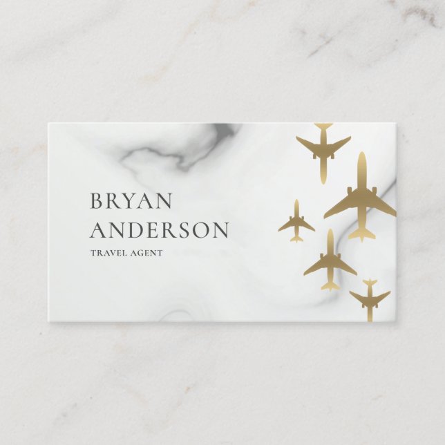 Travel Agent Gold Airplanes Marble Business Card (Front)