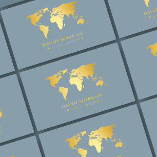 Travel Agent Gold World Map Dusty Blue Business Card