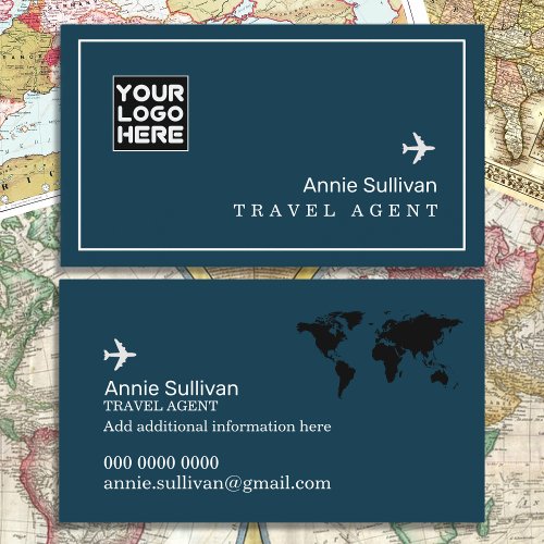 Travel Agent Logo Airplane World Map  Business Card