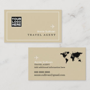 Travel Agent Logo Plane World Map Beige Business Card