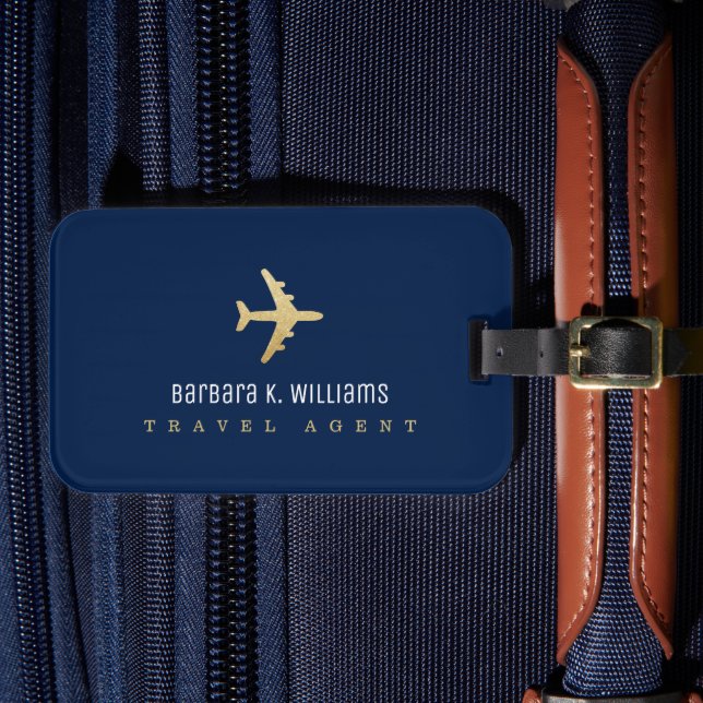 Travel Agent luggage tag with faux gold airplane (Front Insitu 4)