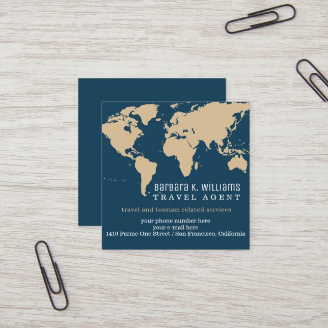 Travel Agent Modern Business Card with World Map (Front/Back In Situ)