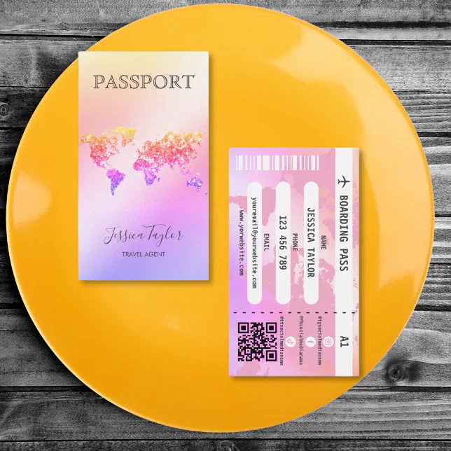 Travel Agent Passport World Map Boarding Pass Business Card | Zazzle
