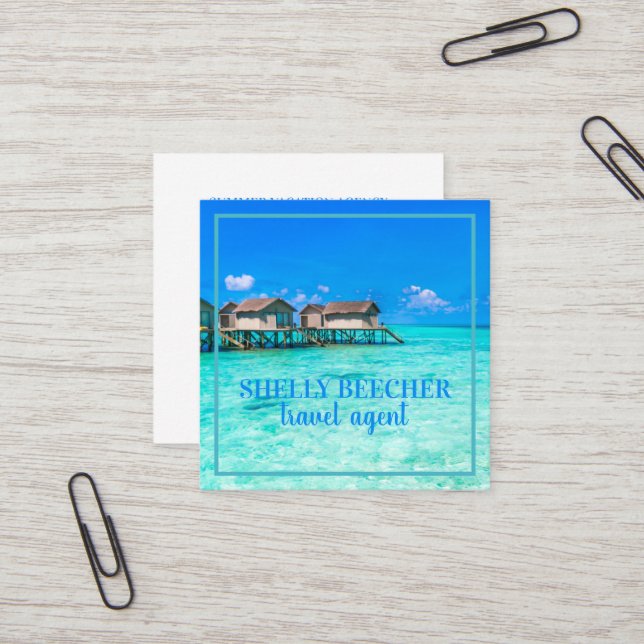 Travel Agent Summer Tropical Beach Ocean Square Business Card (Front/Back In Situ)