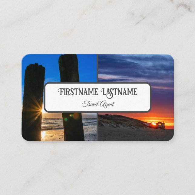 Travel agent sunset sky ocean beach photos QR-Code Business Card (Front)